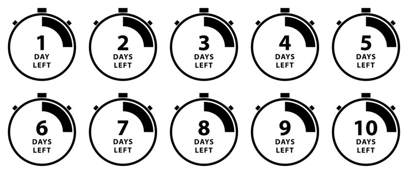 Vector countdown timer icons showing 1 to 10 days left. Stylish stopwatch designs with black progress bars and bold text, ideal for deadline, launch, sales, and event reminder graphics.