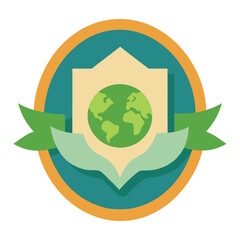 Earth globe badge with green continents inside a teal and orange circular design world