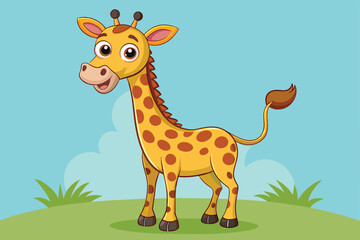 Fototapeta premium Adorable cartoon giraffe with big eyes standing happily in a green outdoor setting. Perfect for childrens content, educational purposes, or playful designs.