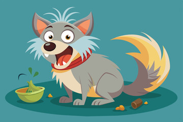 A vibrant cartoon wolf with a joyful look, sitting next to a food bowl. Ideal for illustrations, childrens books, or education materials showcasing fun and animal themed graphics.