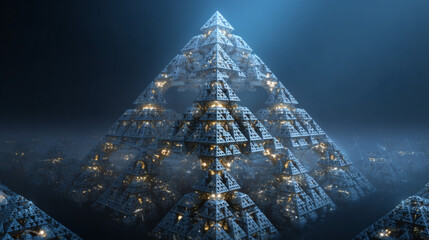 A stunning fractal pyramid glows with internal lights in a captivating, ethereal blue scene.