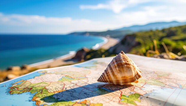 A seashell rests on a map overlooking a coastal landscape, symbolizing adventure and travel exploration.