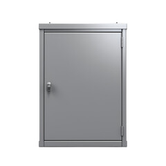 Gray metal utility box with locked door on white background  