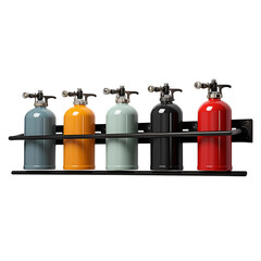 Collection of colorful fire extinguishers mounted on a black rack  
