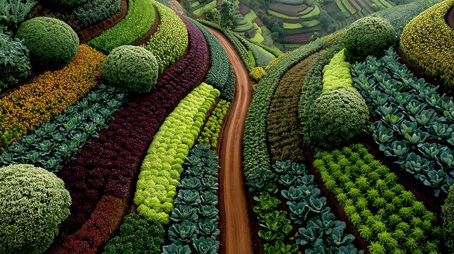 Mixed vegetable polyculture farm interplanted rows of kale peppers and legumes high biodiversity visual wide clean aerial view