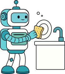 Cartoon cleaning robot washing dishes. vector illustration.