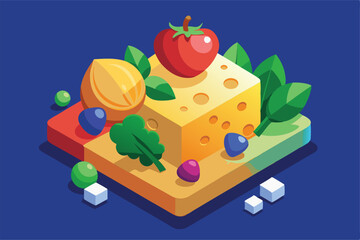 Vibrant isometric illustration showcasing a block of cheese topped with fresh vegetables like tomatoes and greens, against a blue background. Perfect for food and culinary themes.