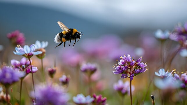 Bumblebee Flying Above Wildflowers Field