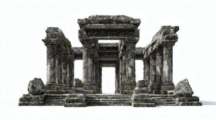 Ancient temple ruin stands weathered, revealing historical architecture and stone details against white.