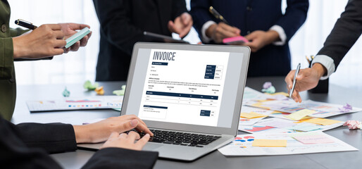 Analyst team use sticky note for creative and analytic brainstorm for business idea with BI data dashboard on laptop screen. Analysis financial data visualization tech for marketing strategy. Prodigy
