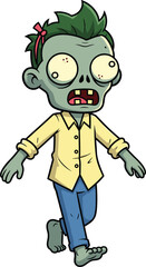 Cartoon zombie with green hair, wide eyes, yellow shirt, blue pants, barefoot walk, spooky and funny character for Halloween illustrations