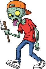 Zombie character in orange cap, red shirt, blue jeans holding stick and cigarette, cartoon creepy illustration isolated on white background
