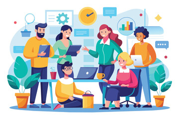 Fototapeta premium A diverse team engages in a meeting, exchanging ideas and using laptops in a vibrant, modern office space. The atmosphere is collaborative and energetic, embodying teamwork and creativity.