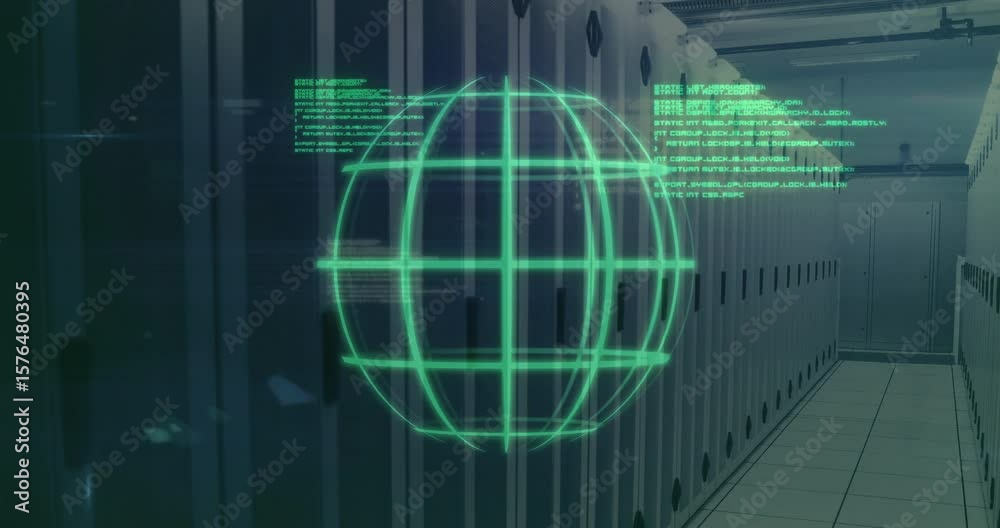 Poster when code bits start appearing, holographic globe rotating and pulsing showing data center network