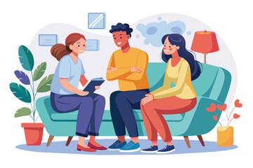 Illustration of three friends sitting on a sofa engaged in a relaxed conversation in a cozy living room setting.