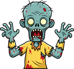Terrifying Cartoon Zombie with Green Skin, Blood-Stained Ripped Yellow Shirt, Open Mouth, and Outstretched Arms, Ideal for Halloween, Horror Themes, and Undead-Themed Projects