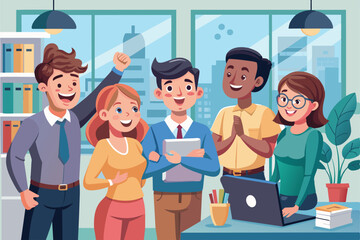 Obraz premium A diverse group of colleagues enthusiastically celebrating success in a modern office. Team members express happiness and teamwork, fostering a positive and collaborative work atmosphere.