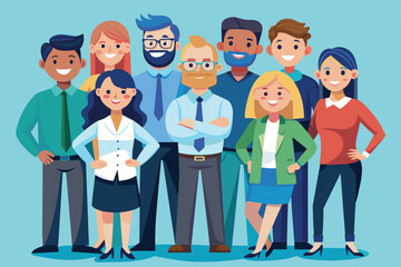 Fototapeta premium Illustration of a diverse group of cartoon business professionals standing together, smiling confidently. Represents teamwork, unity, and diversity in a modern workplace setting.