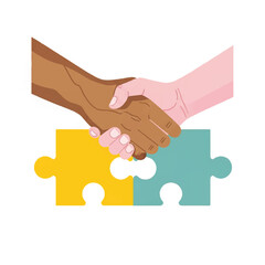 Two hands shaking above colorful puzzle pieces in unity  