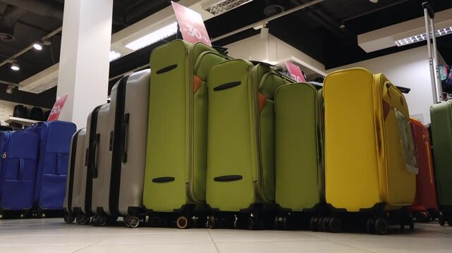 Colorful soft and hard-shell suitcases lined up in a retail store with -30% sale signs above, displayed neatly on tiled flooring.

