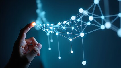 Human touch connecting virtual dots representing interconnected network on teal background, Hand interacting with digital data network visualization