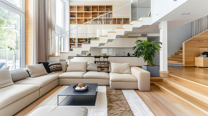 Bright living room interior with sofa, armchair, panoramic window, bookshelves, carpet and wooden floor. Concept of minimalist design.