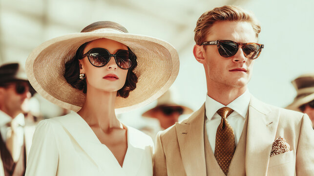 Elegant couple at a racetrack event. The woman is a young Caucasian with dark hair, wearing a large hat and sunglasses. The man is a young Caucasian with blond hair, dressed in a suit.