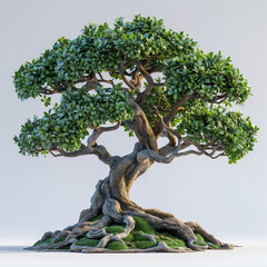 Beautiful bonsai tree with green leaves is standing in a pot on a white background
