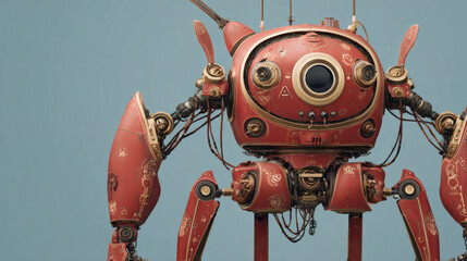 Fototapeta premium A highly detailed steampunk robot with intricate brass and red metal detailing.