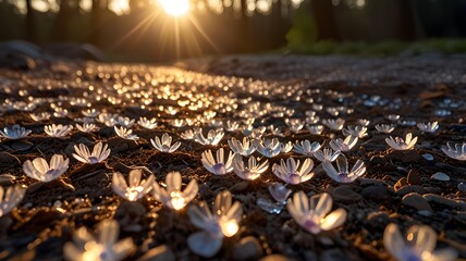 Fototapeta premium Sunlit Field of Glass Flowers: Dreamy, Artistic, and Magical Scene.