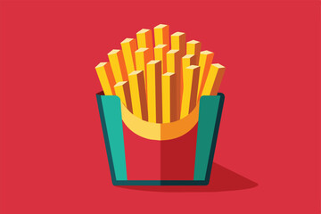 Vibrant and modern illustration of crispy French fries in a red and green carton against a red background. Perfect for fast food, snacking, and playful design concepts.