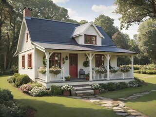 Cozy white cottage with a red door and wraparound porch, surrounded by flowers, greenery, and stone path under bright sky.