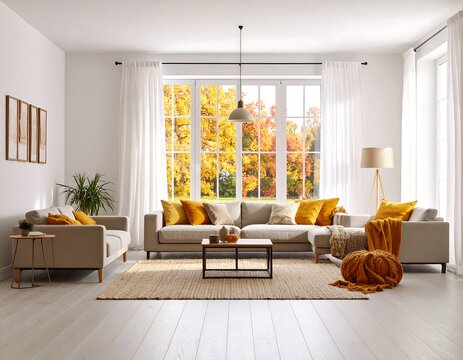 Modern living room with autumnal view