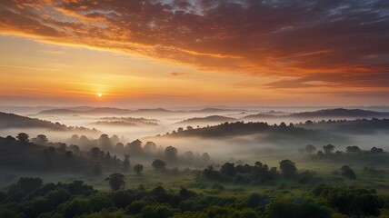 Fototapeta premium Sunrise Over Misty Hills: A Breathtaking Landscape Panorama.
