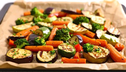 Roasted assorted vegetables on baking sheet