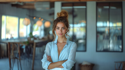 Pretty young business woman in blouse standing in office with arms crossed and looking at camera