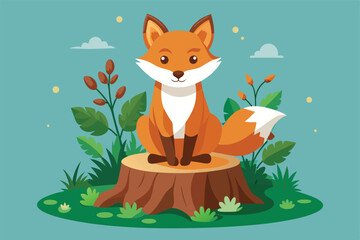 A charming illustration of a cute fox sitting on a tree stump surrounded by lush greenery and plants, evoking a sense of nature and tranquility in a cartoon style.