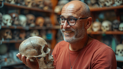 A cheerful archaeologist scientist holds a skull in his laboratory, against the background of shelves with artifacts