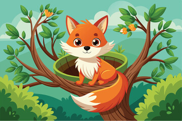 Obraz premium Adorable cartoon fox sitting comfortably in a nest within a lush green tree, surrounded by vibrant leaves and flowers. Perfect for childrens books, educational materials, and playful designs.