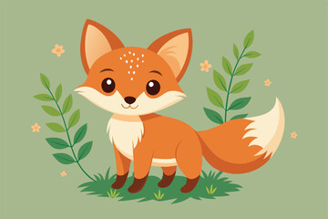 Obraz premium Adorable cartoon fox illustration with a charming expression, surrounded by leaves and flowers. Perfect for childrens designs, animal themed projects, and playful environments.