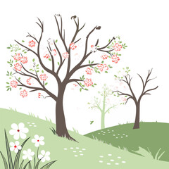 "Spring orchard vector scene with blooming apple and cherry trees, green grass, and butterflies"

