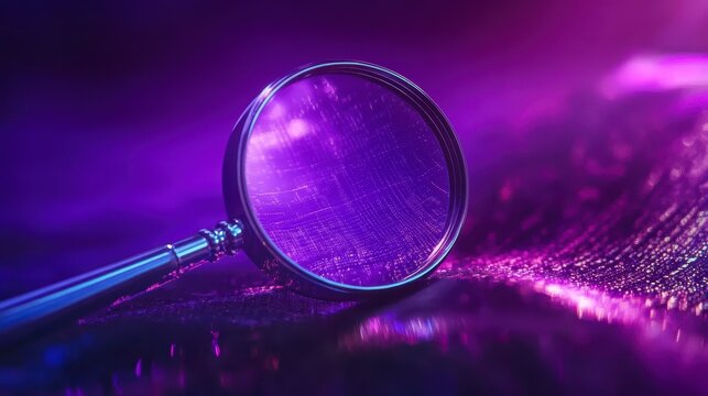 Magnifying glass over a circuit board, illuminated with purple neon light, representing digital investigation or data analysis.