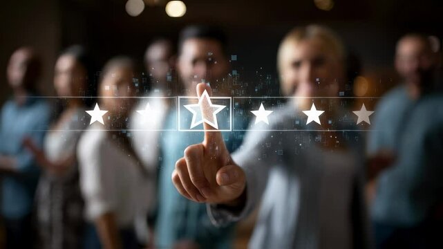 Engaging image of a diverse group of people interacting with a virtual interface where a hand reaches for a fivestar symbol reflecting the collective importance of customer reviews