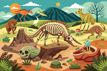 Illustration depicting various dinosaurs and skeletons in a vibrant prehistoric landscape with blue mountains and green vegetation, capturing the essence of the Jurassic era and extinct wildlife.