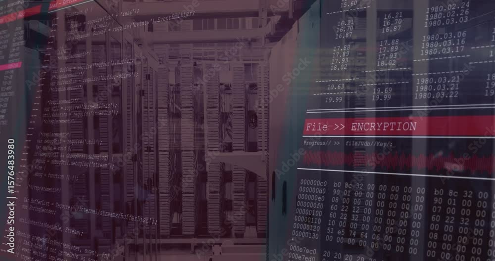 Poster red glow washing over servers starting encryption overlay scrolling code, hex data securing files