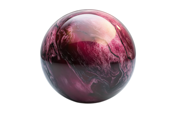 A bowling ball with burgundy marbling on a white isolated on a transparent background in PNG format.