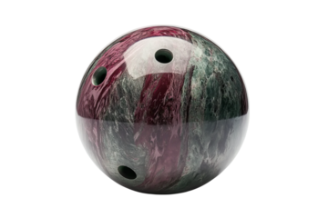 A bowling ball with burgundy marbling on a white  isolated on a transparent background in PNG format.