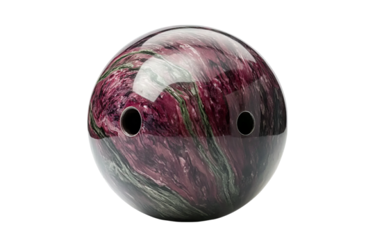 A bowling ball with burgundy marbling on a white isolated on a transparent background in PNG format.