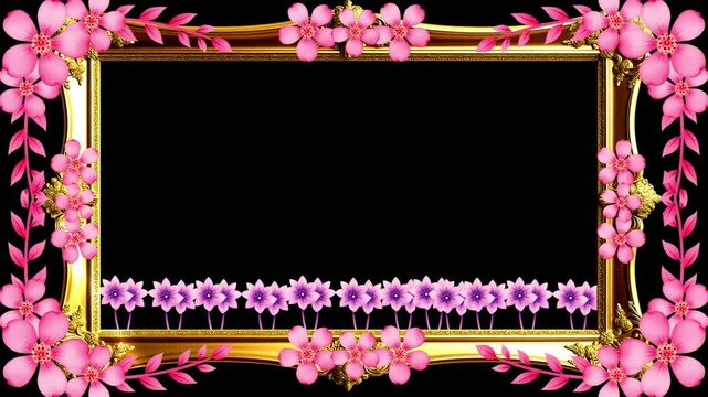 Elegant Golden Frame with Pink and Purple Flowers, Ornate Golden Frame with Pink Flowers on Black, Decorative Frame with Pink Blooms, Beautiful Golden Border with Pink Flowers ,Beautiful Floral Border