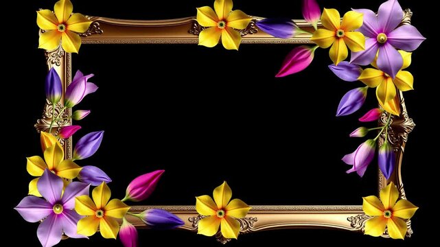 Elegant Ornate Golden Frame Bordered By Vibrant Yellow, Purple, And Pink Flowers On A Black Background,  Decorative Floral Frame With Space For Text,  Vibrant Floral Frame On Blue Watercolor Backgroun